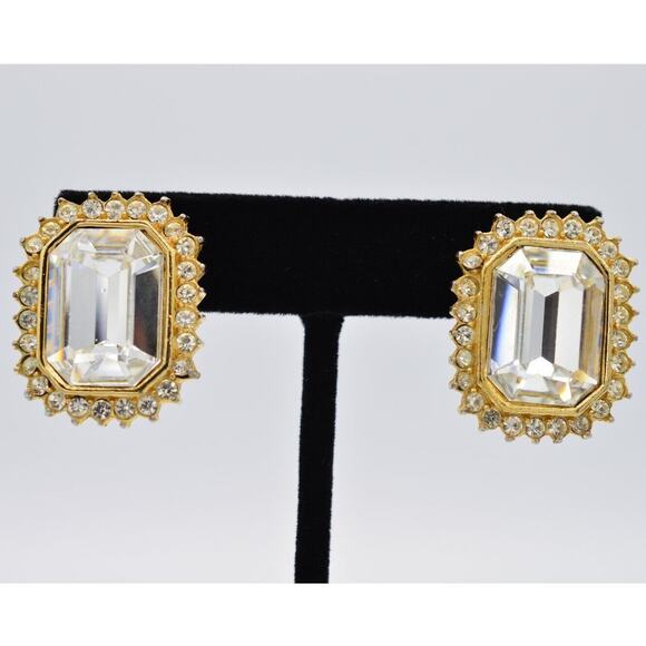 Givenchy Vintage Crystal Clip On Earrings Baguette Chunky Gold Signed 1980s BinZ - Picture 1 of 12